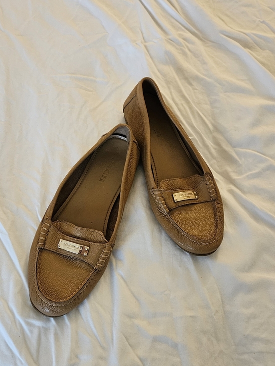 Coach Shoes - Coach Women’s Brown Pebbled Leather Loafers with Gold Plaque, Size 10